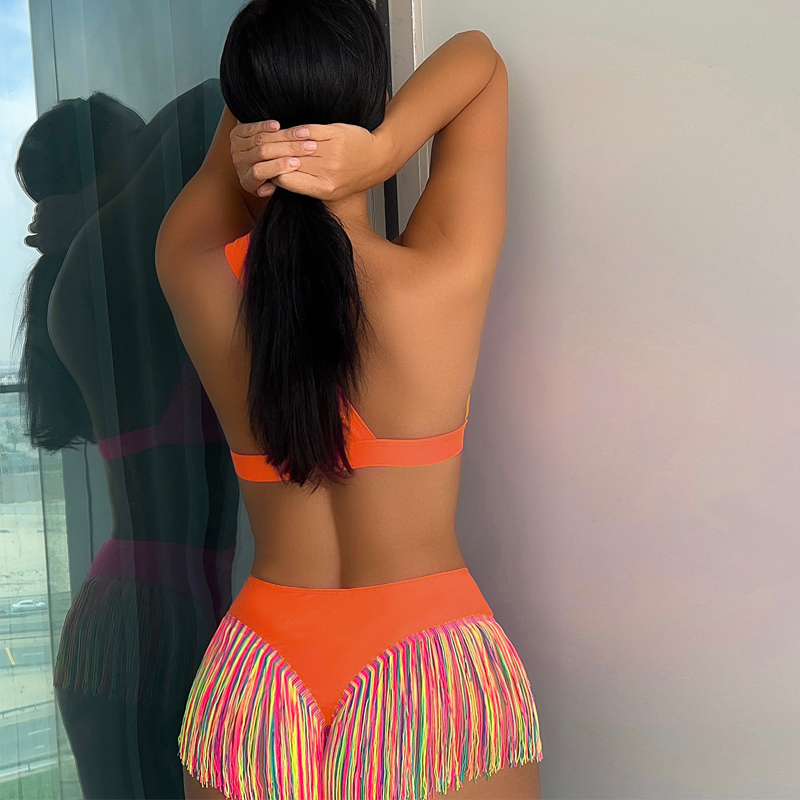 Sexy Solid Color One-Shoulder Two-Piece Swimsuit Set with Fringe Detail