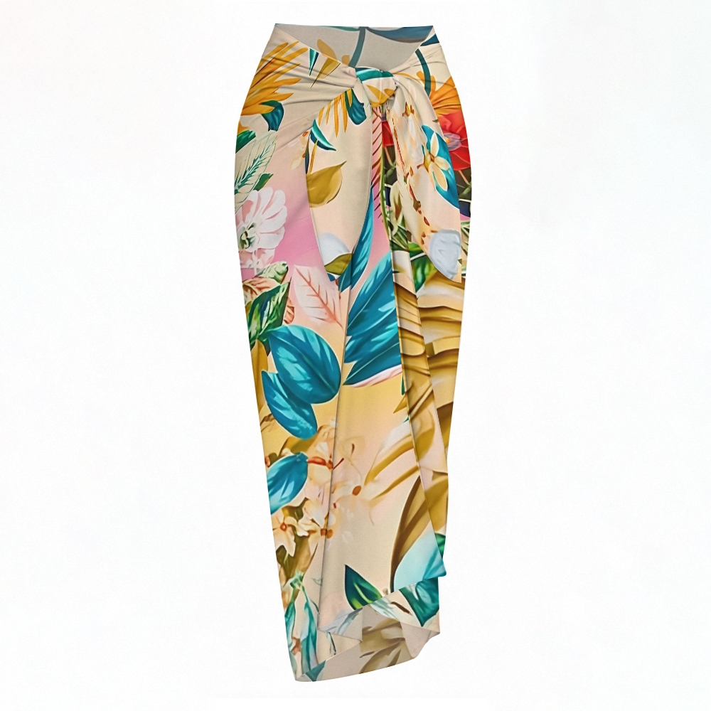 Tropical Floral One-Piece Swimsuit with Matching Sarong Skirt