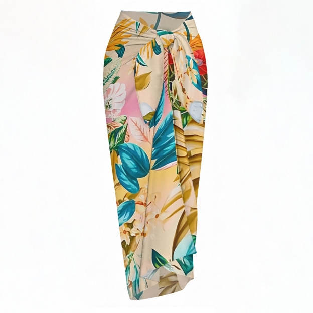 Tropical Floral One-Piece Swimsuit with Matching Sarong Skirt