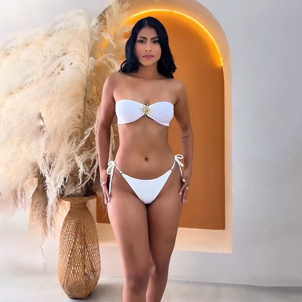 White Bandeau Bikini Set with Sheer Mesh Skirt