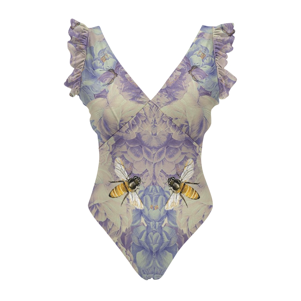 Women's Floral and Bee Print Ruffle Straps One Piece Swimsuit Matching Sarong Skirt