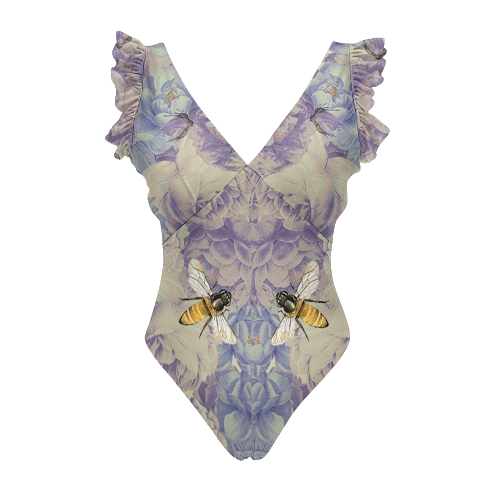 Women's Floral and Bee Print Ruffle Straps One Piece Swimsuit Matching Sarong Skirt