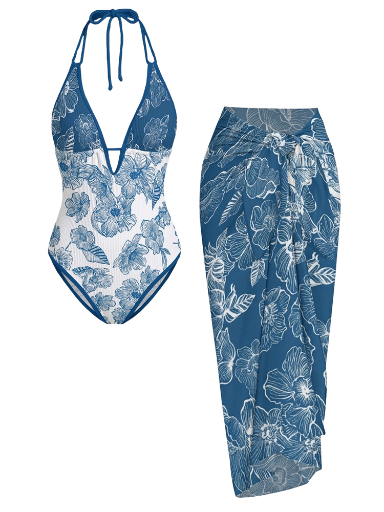 Color Block Contrast Swimsuit and Skirt