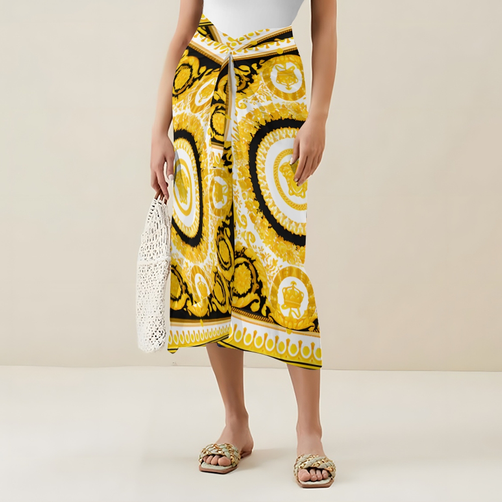 Women's Luxurious Baroque Medusa Pattern Fabric in Black and Gold One-Piece Swimsuit with Skirt