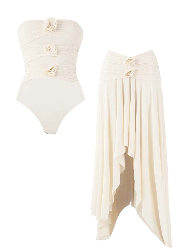 White 3D Flowers Swimsuit Set