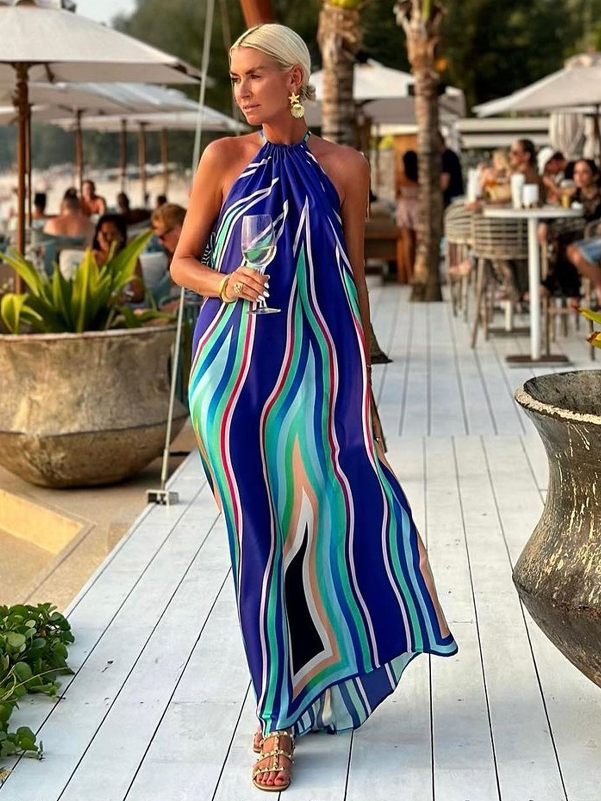 Blue Stripe Print Beach Resort Dress