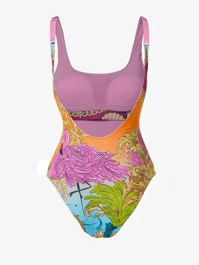 Round Neck Shell Printed One Piece Swimsuit and Sarong