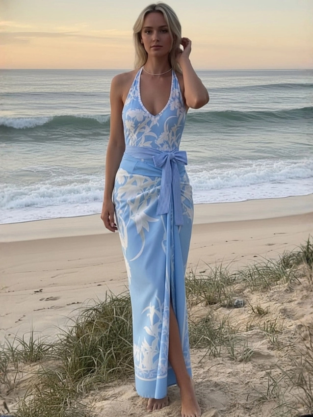 French Vacation Blue Floral Print Halter One-Piece with Tie Sarong