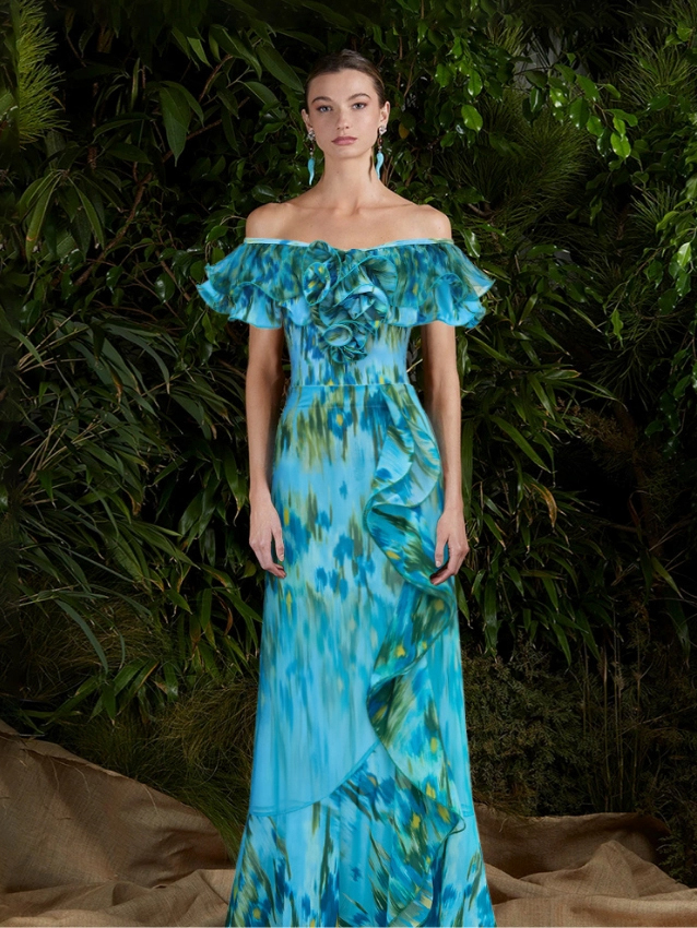 Lake Blue Water Lily Print Off Shoulder One-Piece with Ruffle Maxi Skirt