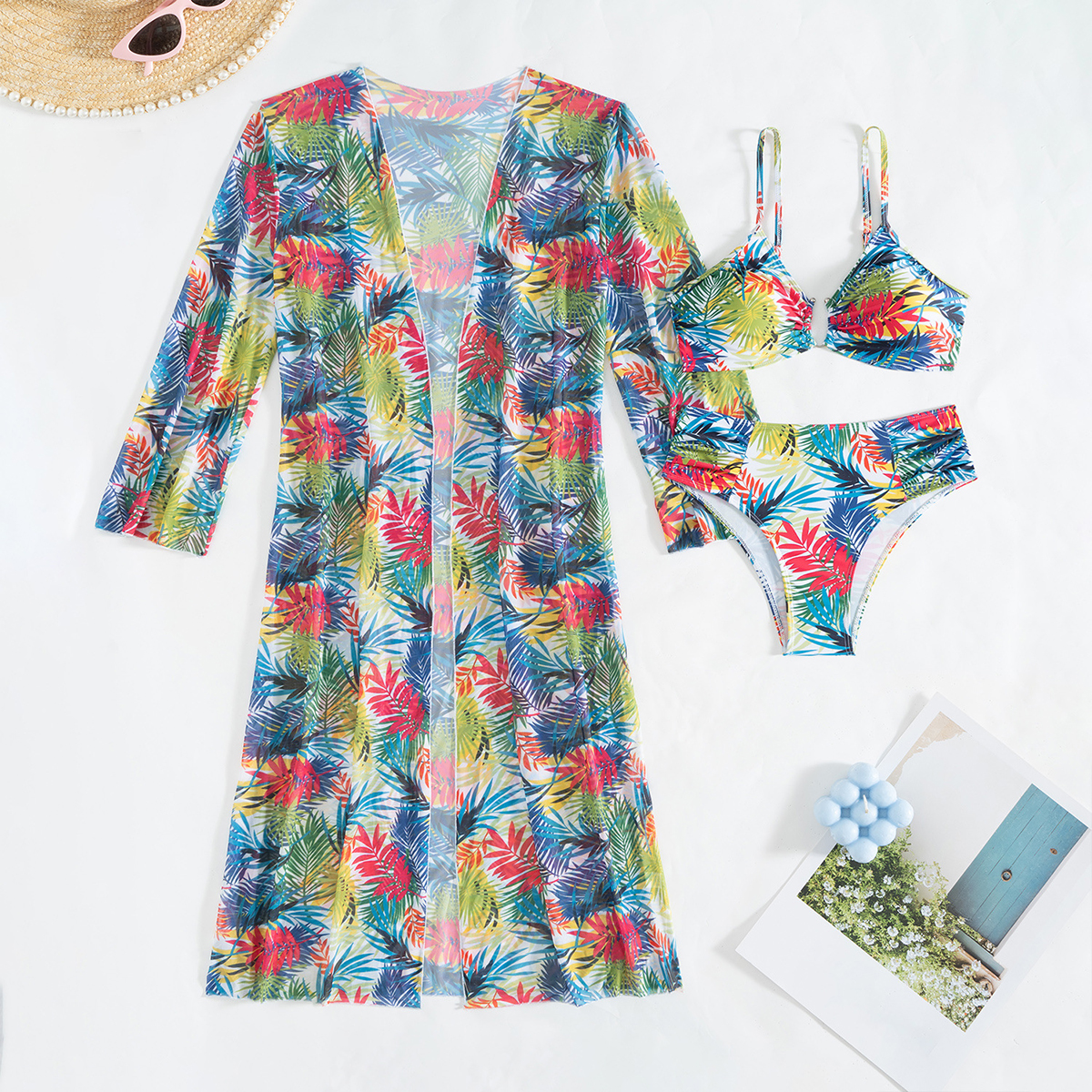 Tropical Print Three Piece Bikini Set with Side Tie Bottom and Sheer Cover-Up