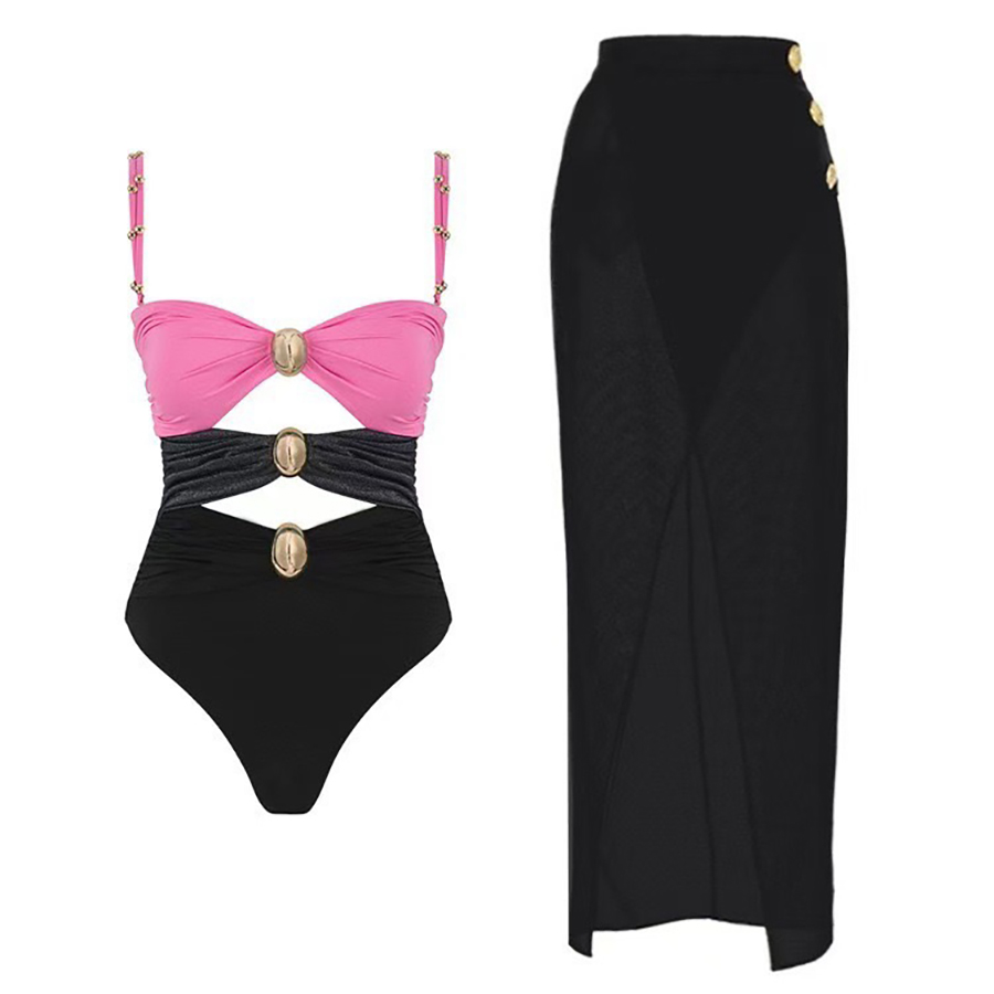 Colorblock One Piece Swimsuit with Gold Accents Detail and Matching Wrap Skirt