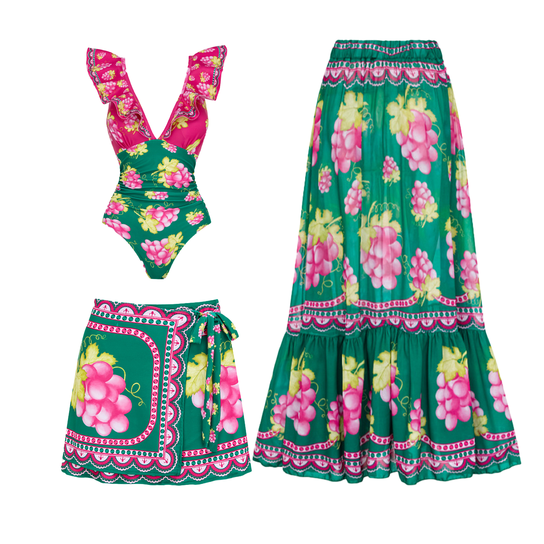 Women's Plunging V-Neck and Vintage Print One-Piece Swimsuit with Skirt