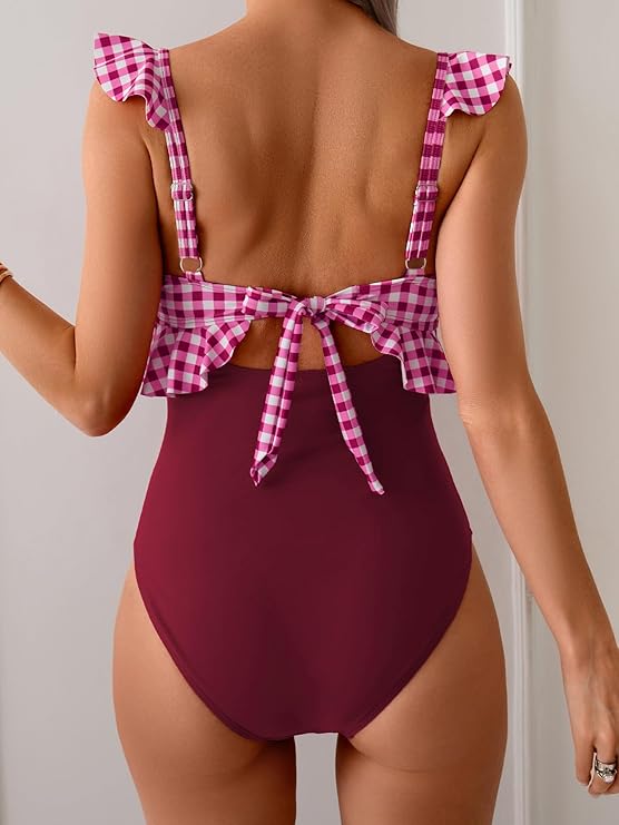 Women Tummy Plaid Control Ruffle Swim Suit
