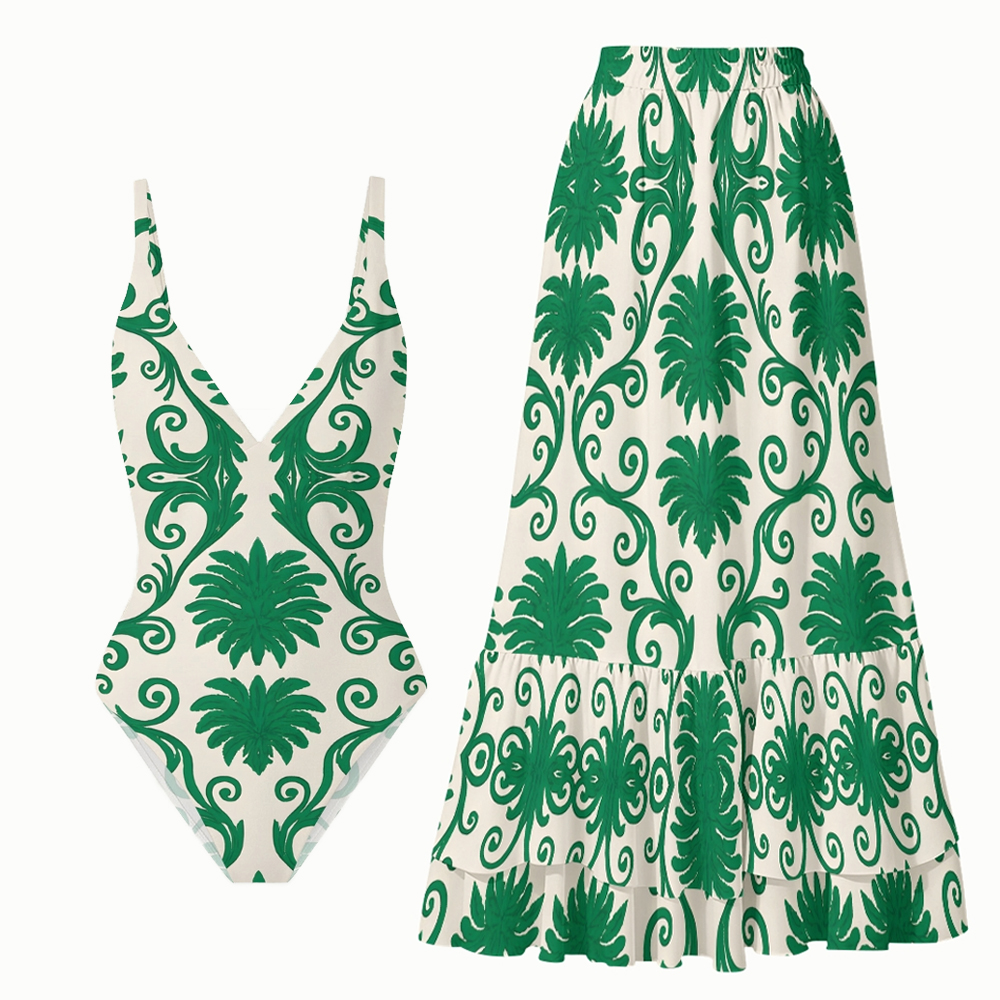 Baroque Leaf Motif Print One Piece Swimsuit with Matching Tiered Maxi Skirt