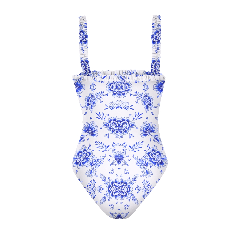 Blue Floral Print Straight Neckline One-Piece Swimsuit and Sarong Skirt