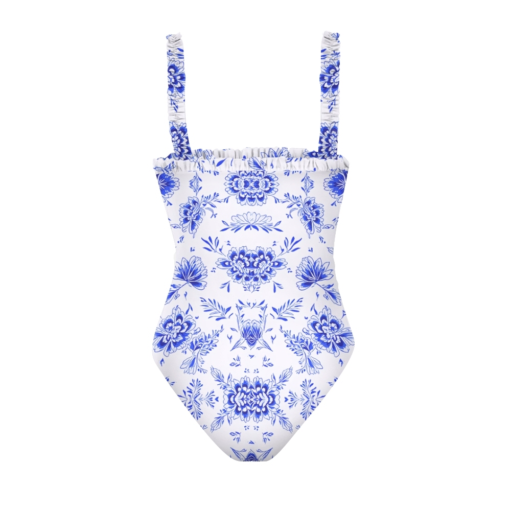 Blue Floral Print Straight Neckline One-Piece Swimsuit and Sarong Skirt