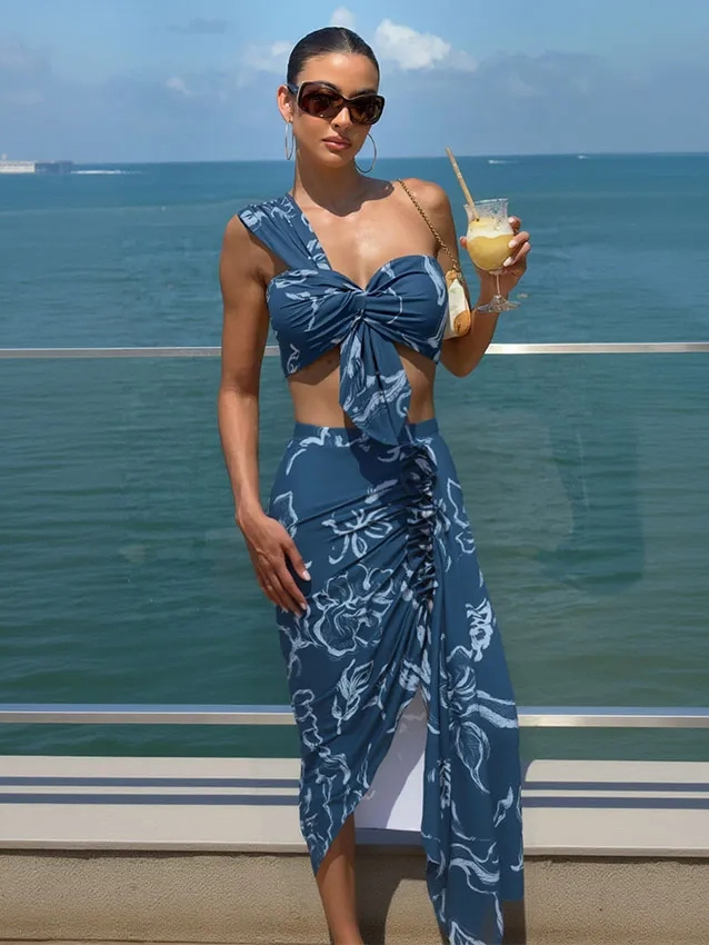 One Shoulder Printed Swimsuit Set