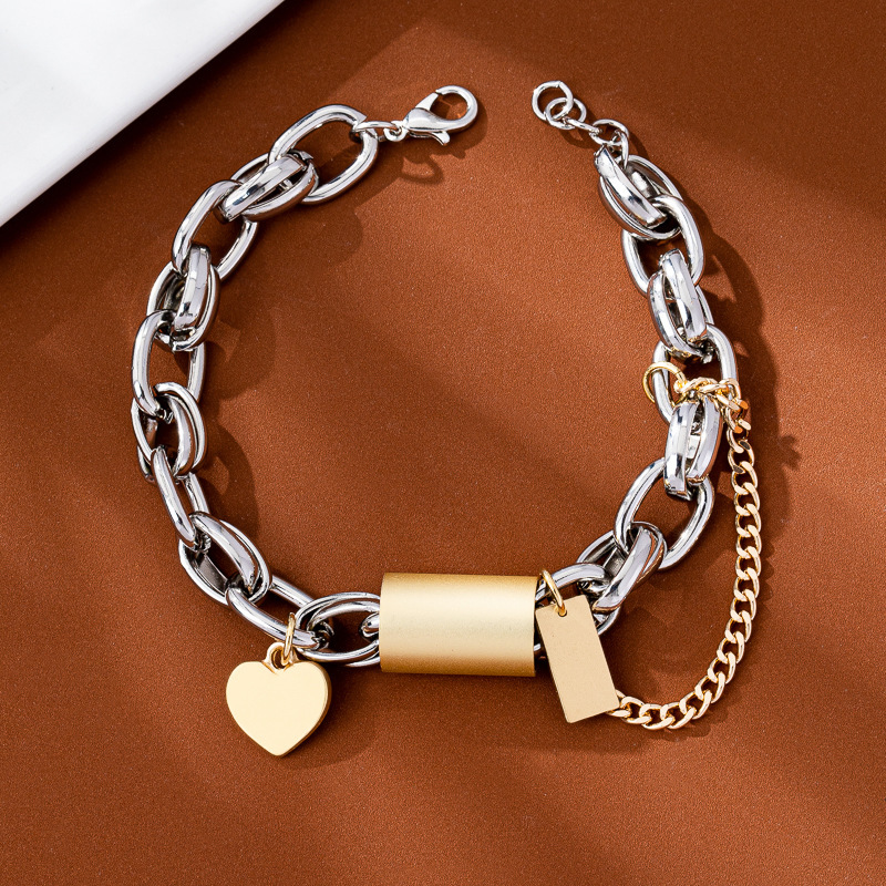 Gold and Silver Chain Bracelet Heart Charm Mixed Metal Fashion Jewelry for Women