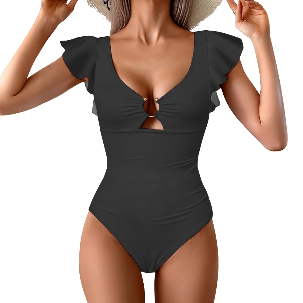 Deep V-Neck Ruffled Sleeve One-Piece Swimsuit and Matching Tie-Waist Wrap Skirt