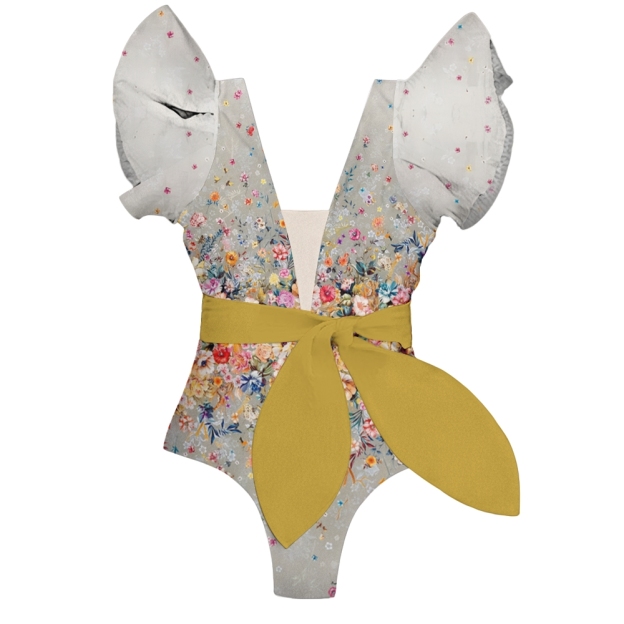 Vintage Floral Ruffled One-Piece Swimsuit with Matching Wrap Skirt