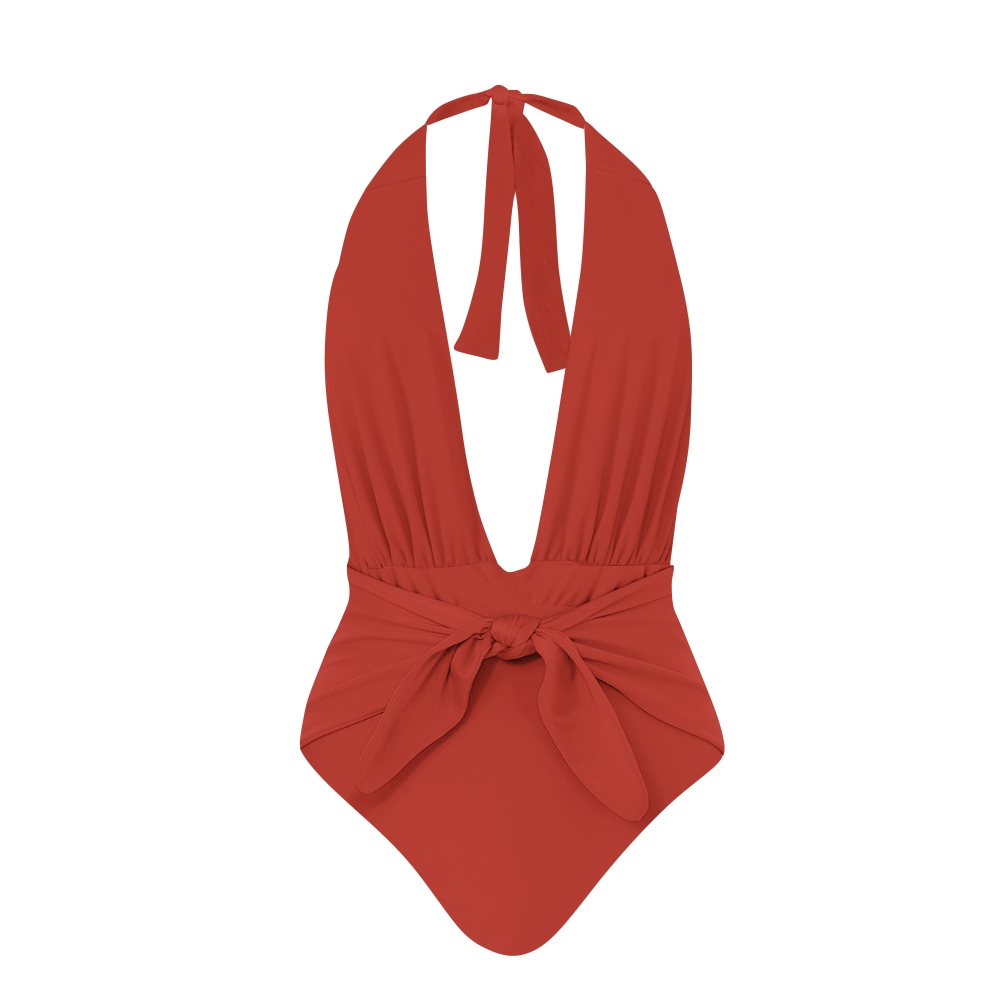 Halter Deep V-Neck One-Piece Swimsuit and Tie-Front Sarong Skirt