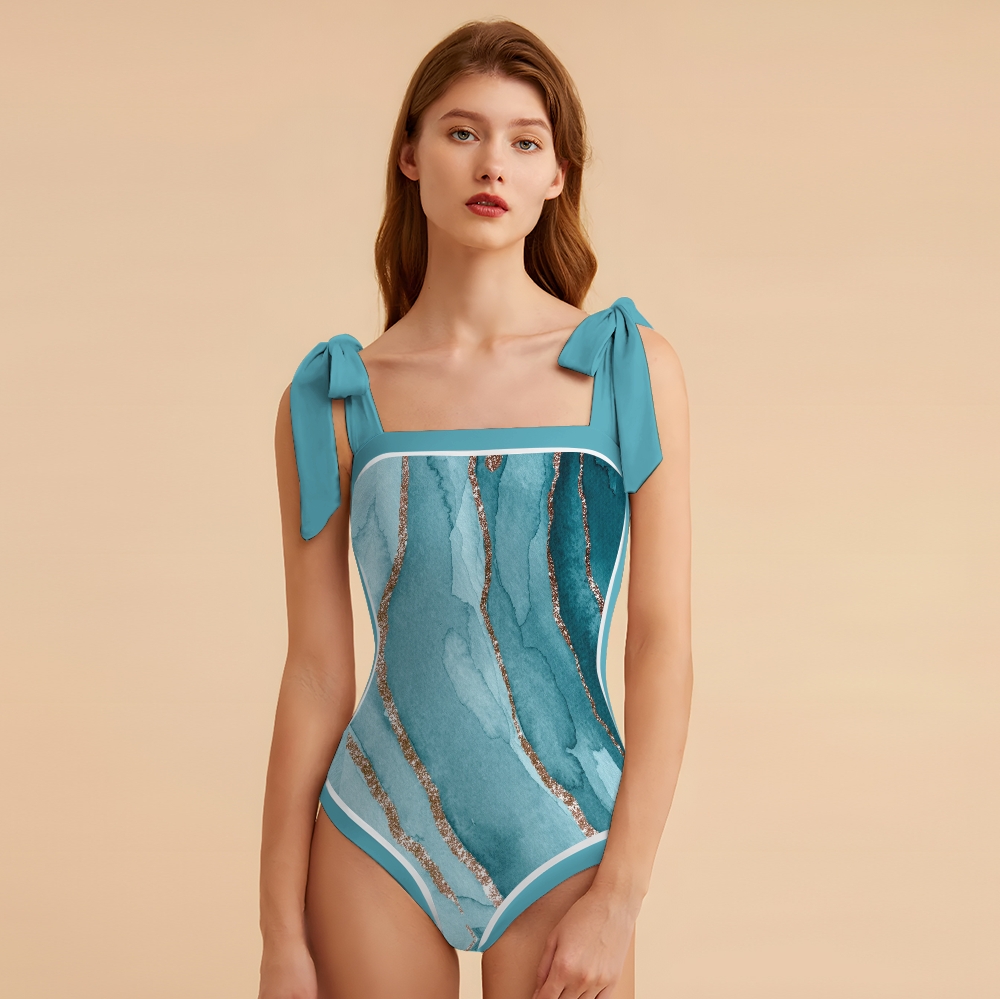 Women's Watercolor Shoulder Tie Straps One Piece Swimsuit Matching Sarong Skirt