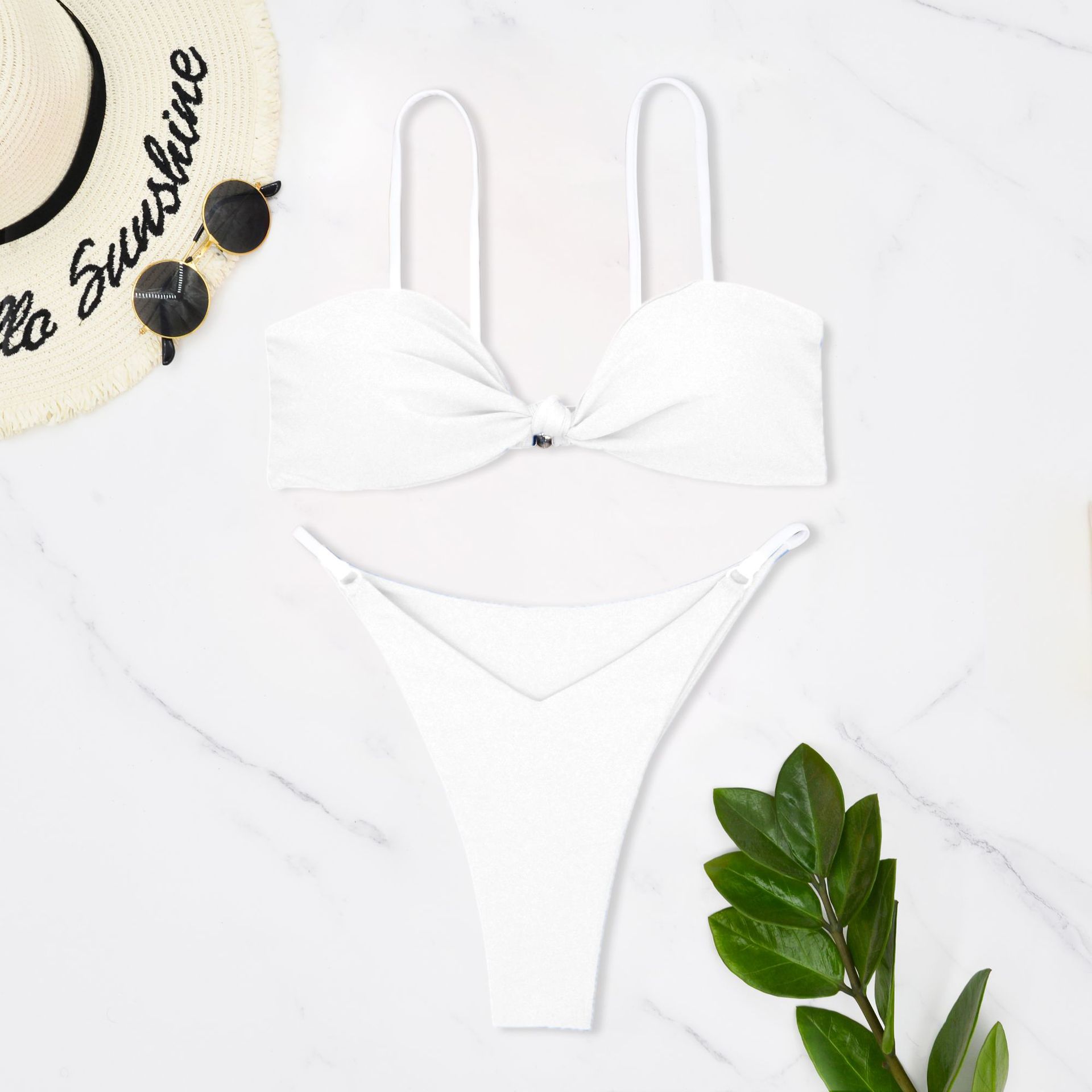 Triangle Bikini Top with Contrast Straps and Low Waist Side Tie Bottom