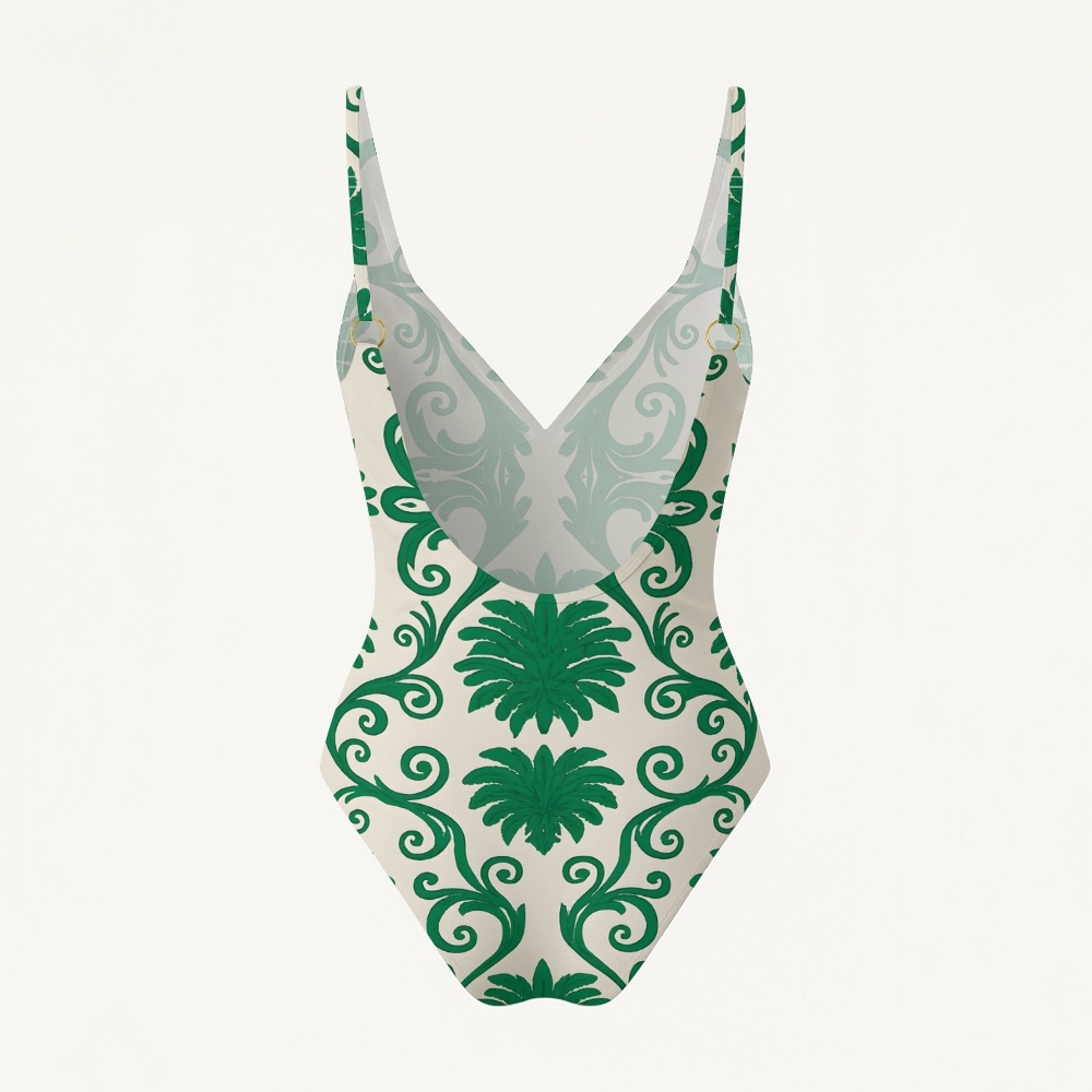 Baroque Leaf Motif Print One Piece Swimsuit with Matching Tiered Maxi Skirt