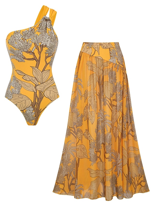 Botanical Leaf Yellow Printed Swimsuit & Cover-Up Set