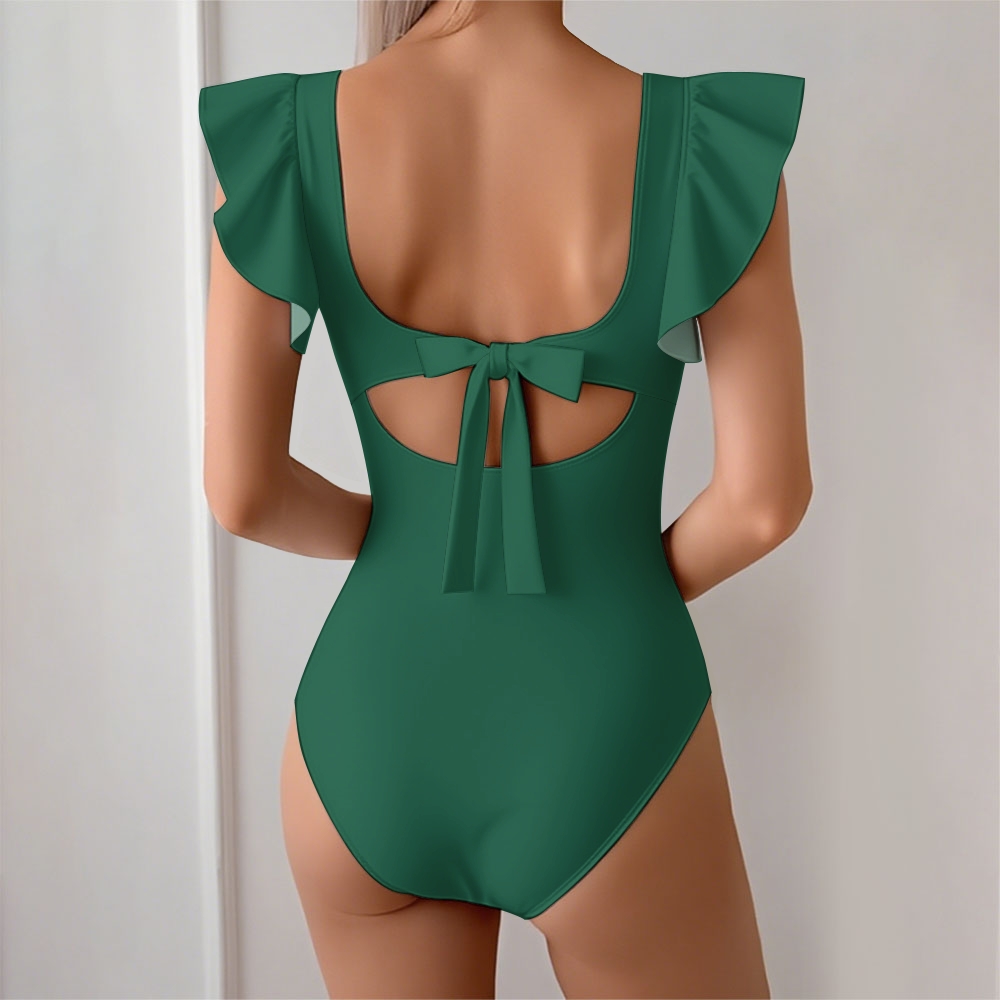 Deep V-Neck Ruffled Sleeve One-Piece Swimsuit and Matching Tie-Waist Wrap Skirt
