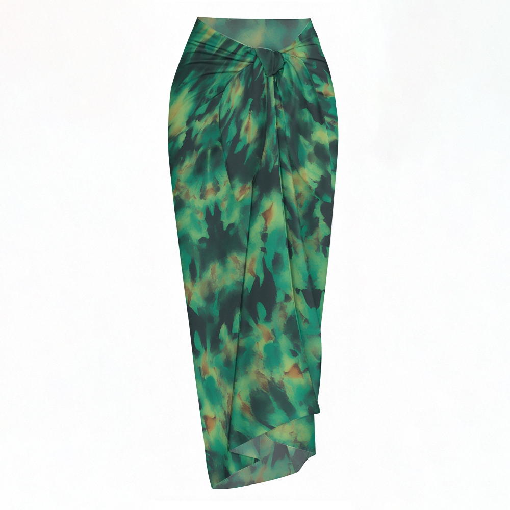 Abstract Camouflage Print Twist-Front Bikini Swimsuit with Matching Sarong Skirt