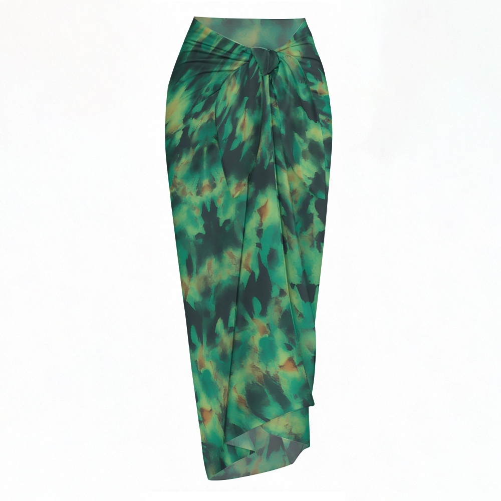 Abstract Camouflage Print Twist-Front Bikini Swimsuit with Matching Sarong Skirt