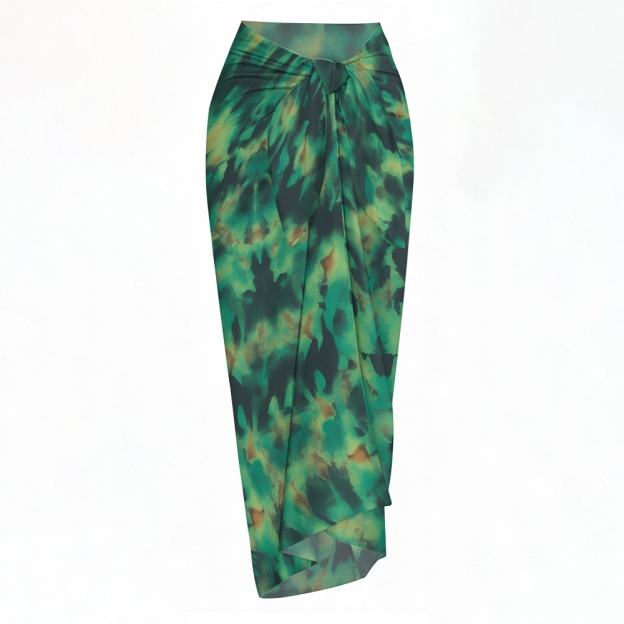 Abstract Camouflage Print Twist-Front Bikini Swimsuit with Matching Sarong Skirt