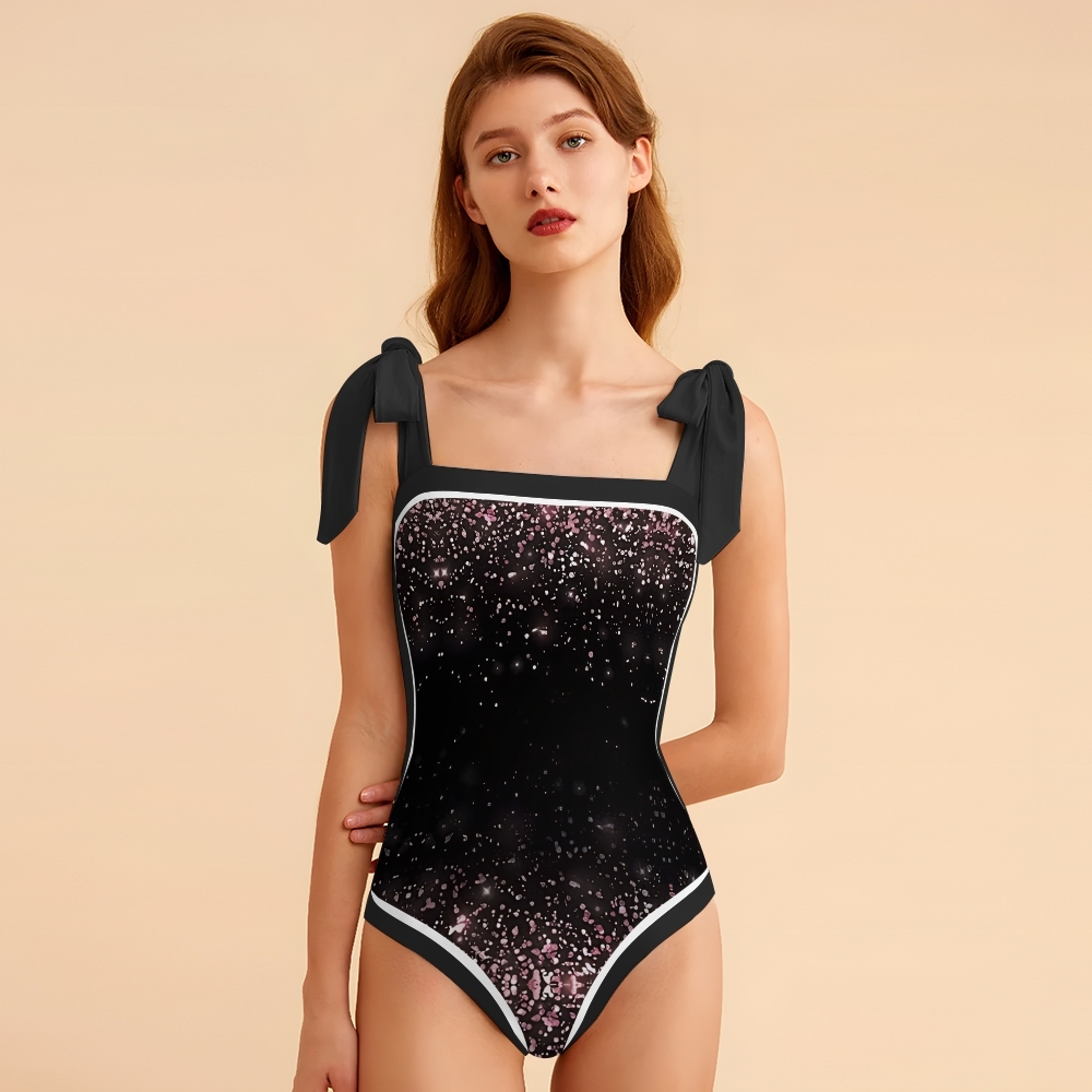 Galaxy Print Shoulder Tie One-Piece Swimsuit with Matching Wrap Skirt