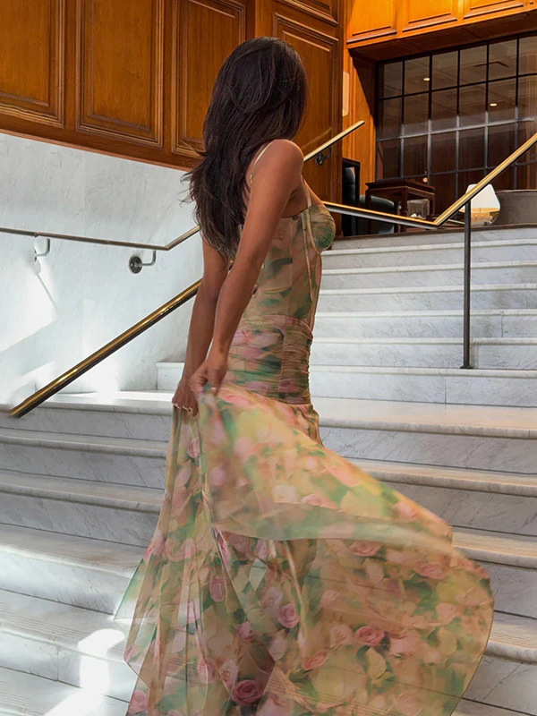 Summer Suspender Print High Waist Slim Slit Mi DiDress