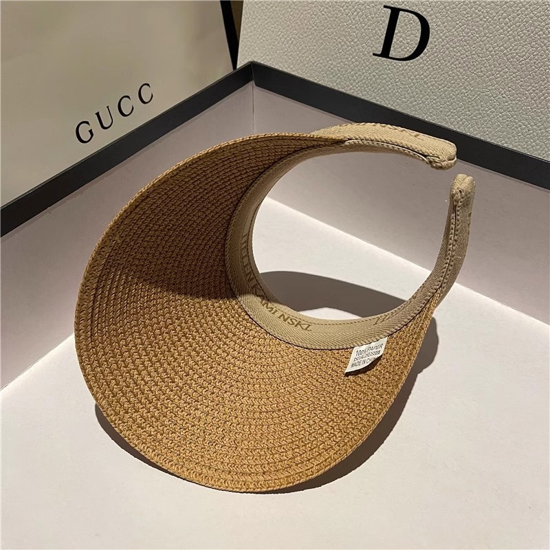 Straw Sun Visor With Wide Brim Open Top and Embroidered Band Suitable for Casual Summer Looks