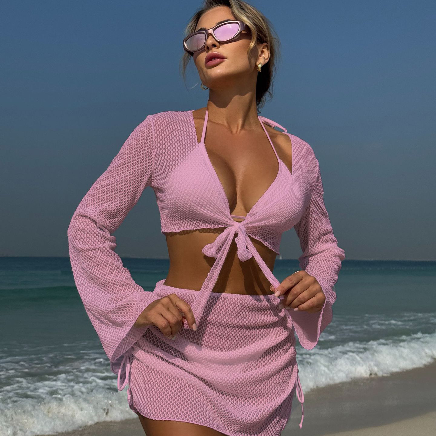 Sexy Halter Mesh Four Piece Bikini Swimsuit Including Sheer Cover Up and High Waist Mesh Skirt