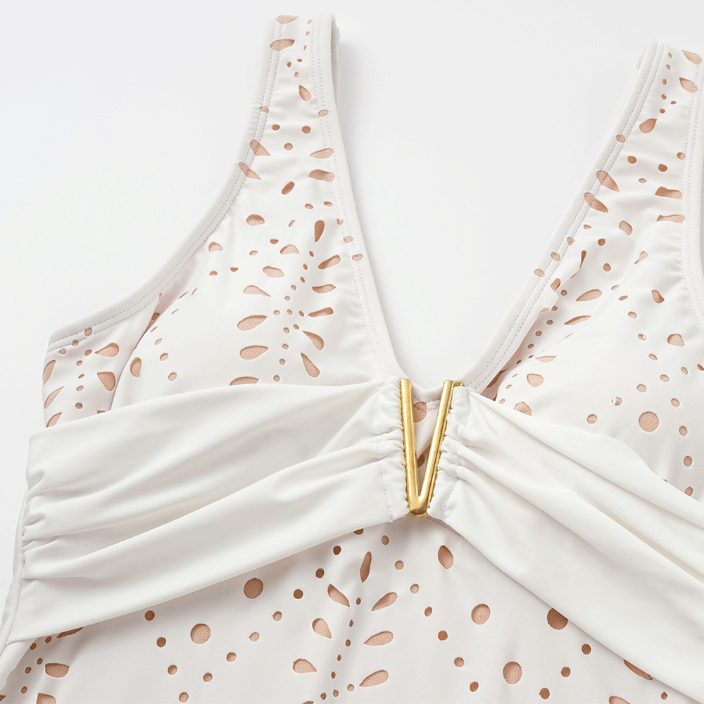 Women's V Neck Solid Color Laser Cutting Flower One Piece Swimsuit and Skirt