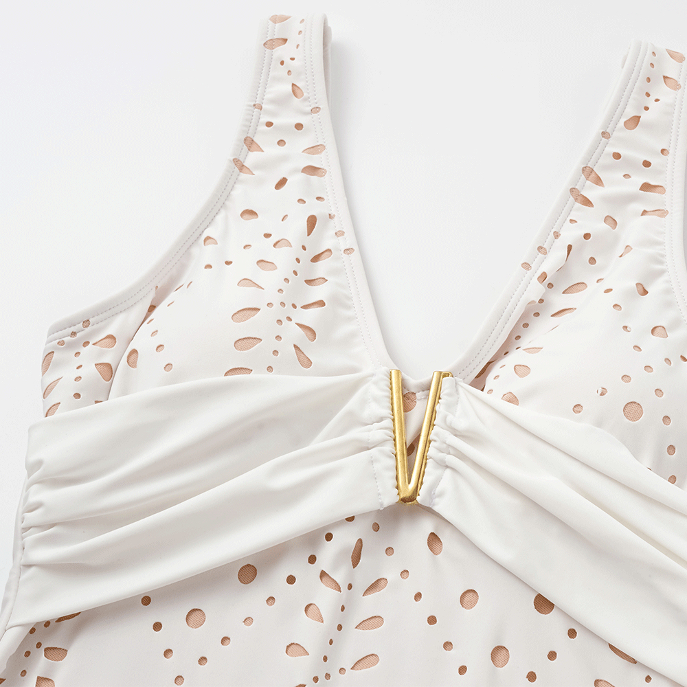 Women's V Neck Solid Color Laser Cutting Flower One Piece Swimsuit and Skirt