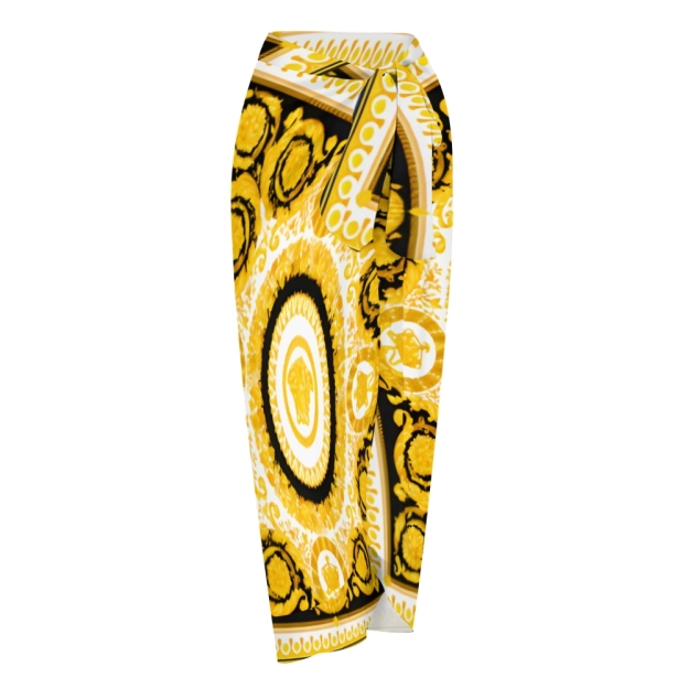 Women's Luxurious Baroque Medusa Pattern Fabric in Black and Gold One-Piece Swimsuit with Skirt