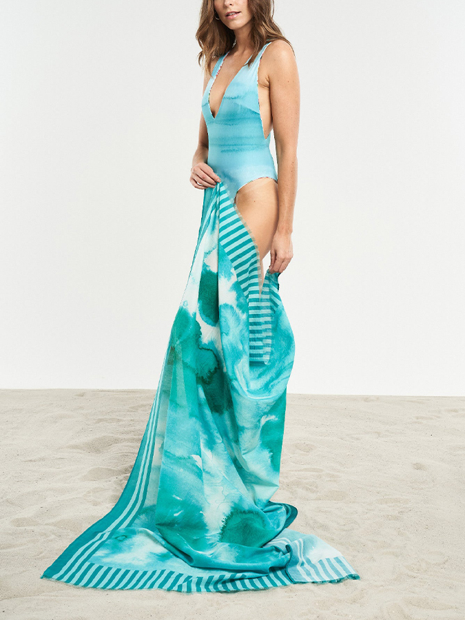 Blue Deep V OnePiece Swimsuit and CoverUp