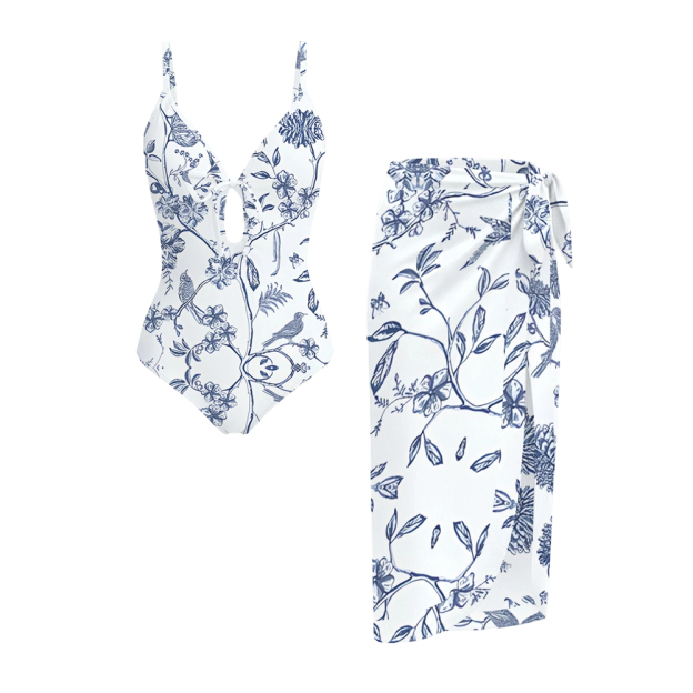 Blue Floral Print One-Piece Set