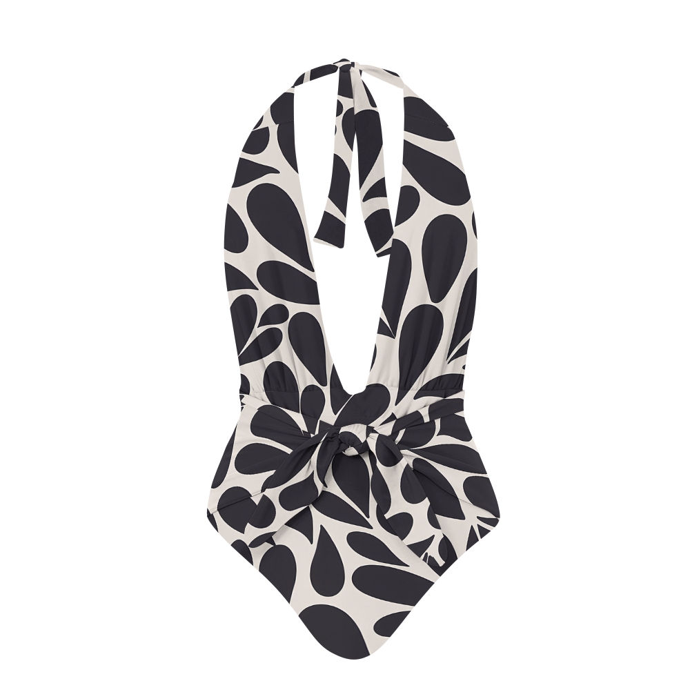 Abstract Drip Print Halter One-Piece Swimsuit with Matching Sarong Skirt