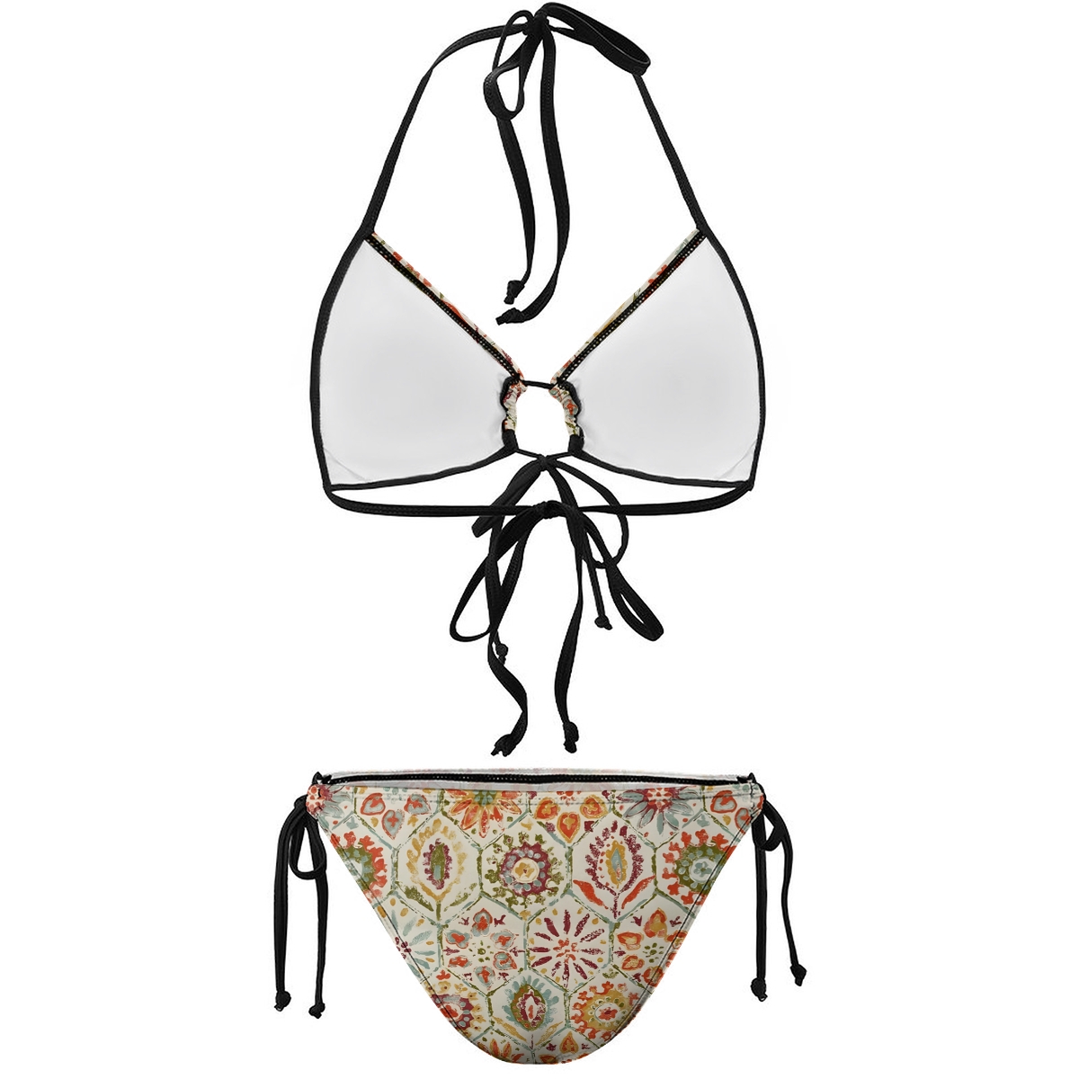 Retro Boho Halter Tie Bikini 3-Piece Set with Matching Sarong Skirt