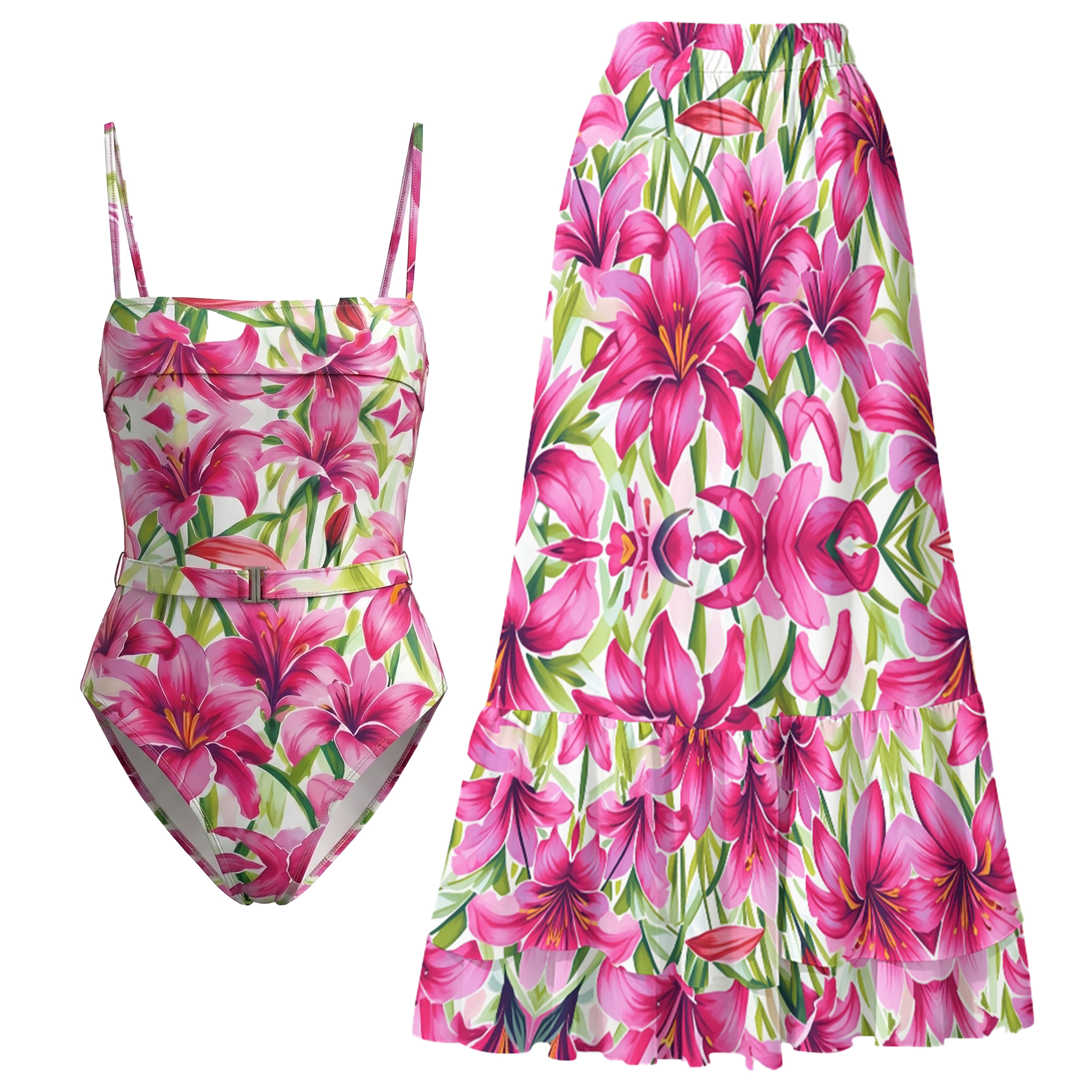 Square-neck Dark Magenta Lily Print Swimsuit Set(s)