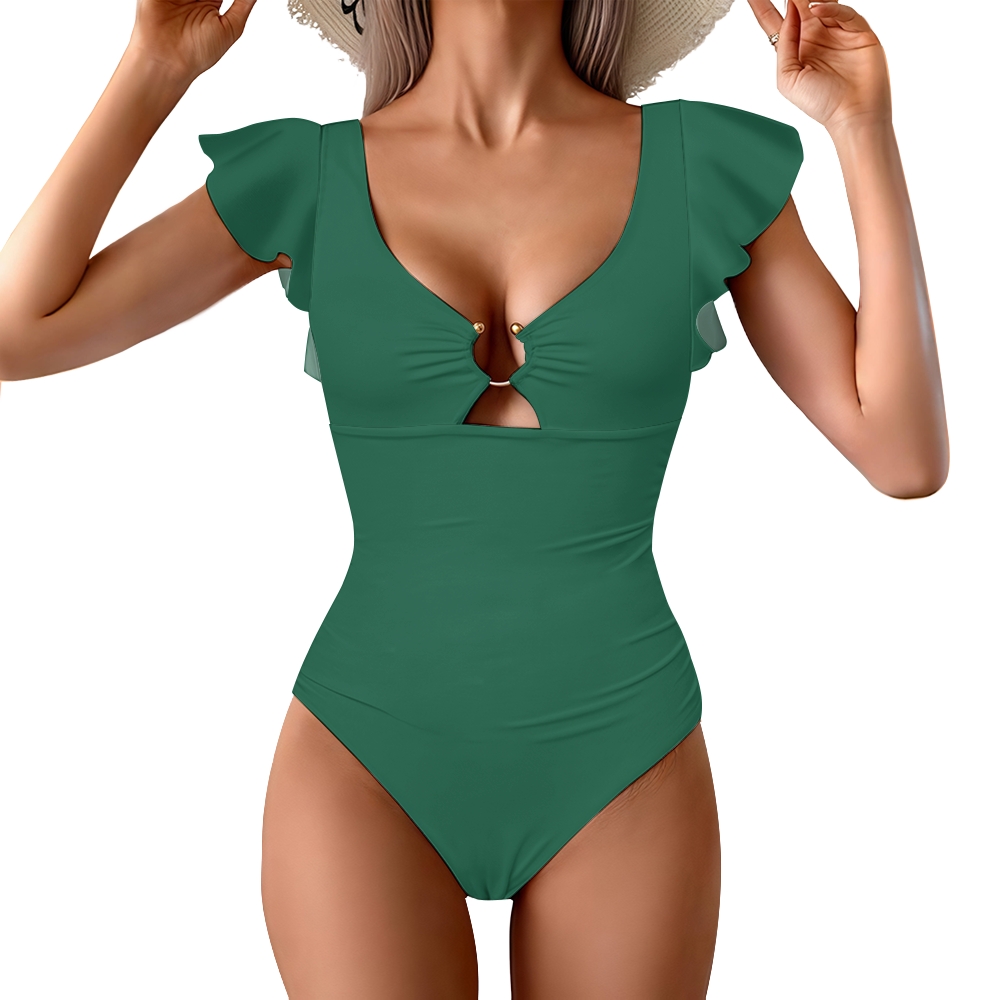 Deep V-Neck Ruffled Sleeve One-Piece Swimsuit and Matching Tie-Waist Wrap Skirt