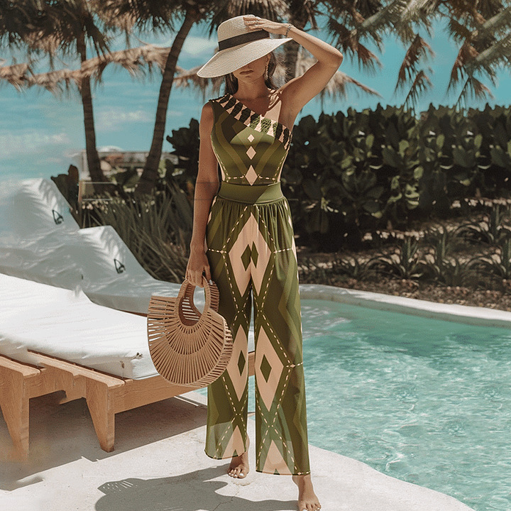 Vintage Bohemian Print One-Shoulder Swimsuit Set