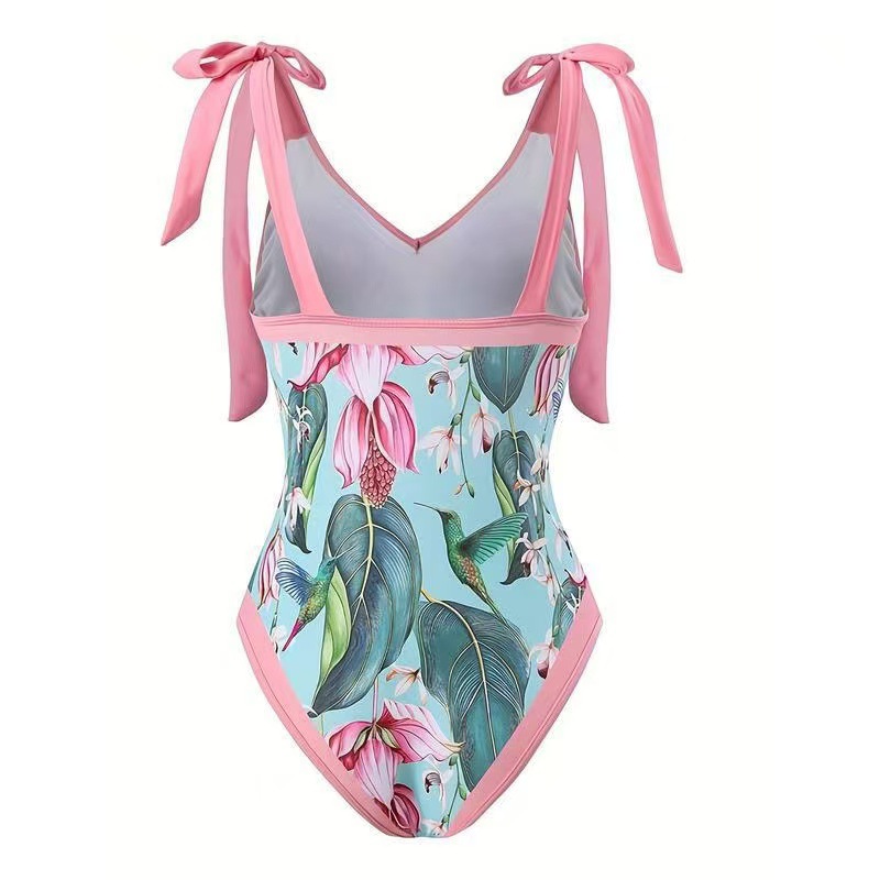 Women's Romantic Pink Botanical Print with Birds One-Piece Swimsuit and Matching Maxi Skirt