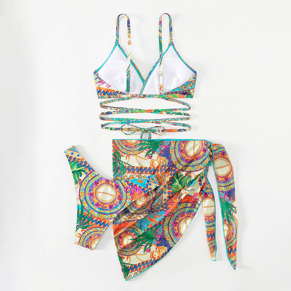 Women's Sexy Open-Back 3-Piece Set with Vintage Print