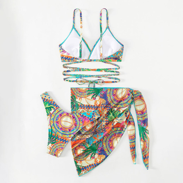 Women's Sexy Open-Back 3-Piece Set with Vintage Print